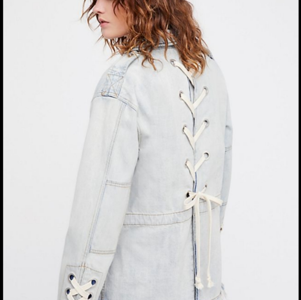 NWOT FREE PEOPLE  DENIM DRAWSTRING WAIST LACE UP BACK JACKET LIGHT BLUE Size S